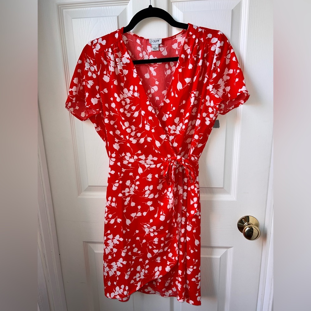 Red J.Crew Floral Mini Wrap Dress